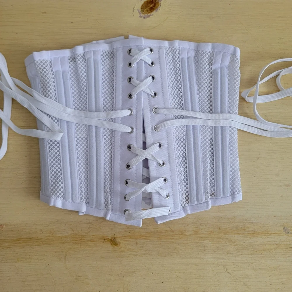 Vintage Mesh Boned Corsette Lace Up Waist Trainer Support Cosplay White Small